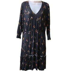 Loveappella Black Boho Print Long Sleeve Midi Dress LG NWT Deep V Neckline